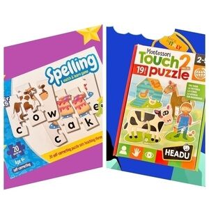 2 Boxes of Spelling & Montessori Touch Puzzles 3-5yrs like-new!
